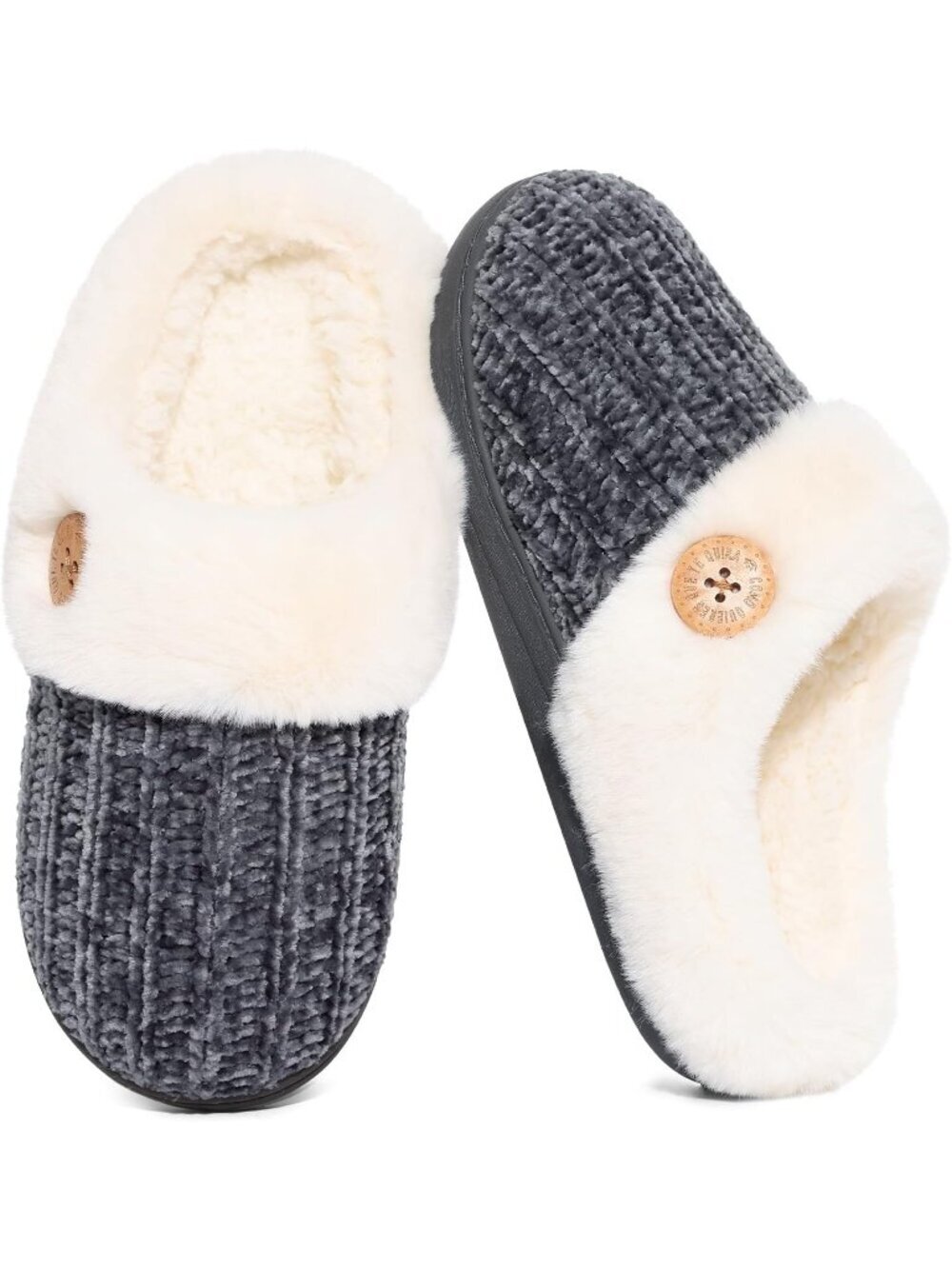 Women's Dark Grey Comfy Wool Like Lined Closed Toe Warm Knit House Slipper Shoes
